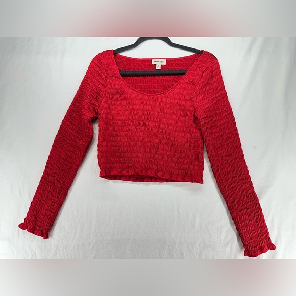 Open Edit Tops - Open Edit Womens Red Smocked Long Sleeve Crop Top Shirt Size M